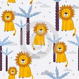 Colorful seamless pattern with lions, palm trees. Decorative cute background with funny animals, jungle