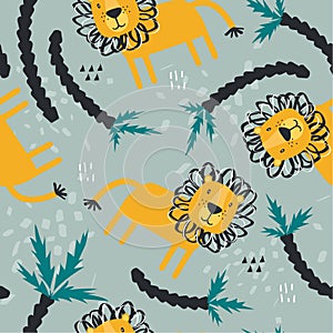 Colorful seamless pattern with lions, palm trees. Decorative cute background with funny animals, jungle