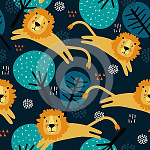 Colorful seamless pattern with lions, trees. Decorative cute background with animals, forest