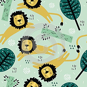 Colorful seamless pattern with lions, trees. Decorative cute background with funny wild animals, forest