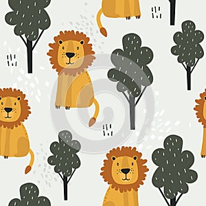 Colorful seamless pattern with lions, trees. Decorative cute background, funny wild animals, forest