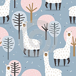 Colorful seamless pattern with llamas, trees. Decorative cute background with happy animals, forest