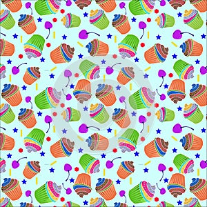 Colorful seamless pattern of mandarin, kelly green color cupcake with barbie pink, blue bell, maximum yellow red, denim, pop star