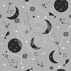 Colorful seamless pattern with moon, stars. Decorative background, night sky