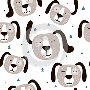 Colorful seamless pattern with muzzles of dogs. Decorative cute background with animals