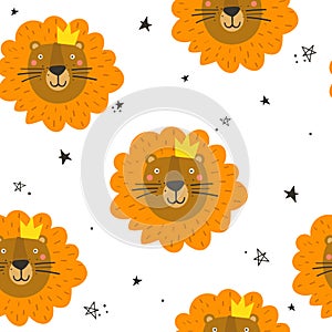 Colorful seamless pattern, muzzles of lions. Decorative cute background with happy animals photo