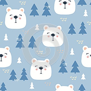 Colorful seamless pattern with muzzles of white bears, blue fir-trees