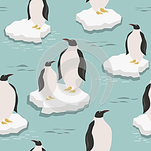 Colorful seamless pattern with penguins on the ice floes. Decorative cute background with sea birds