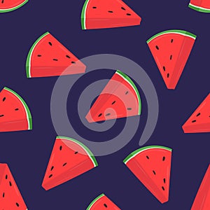 Colorful seamless pattern with pink slices of fresh watermelon on purple background. Backdrop with summer delicious