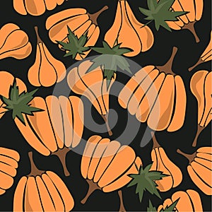 Colorful seamless pattern with pumpkins, maple leaves. Decorative background with vegetables, Halloween day