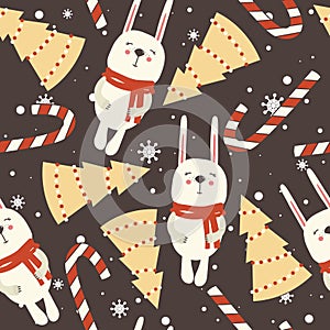 Colorful seamless pattern with rabbits, fir trees, candy canes, snow. Decorative cute background with animals. Happy New Year