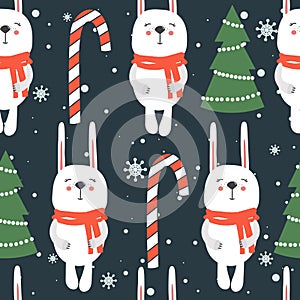 Colorful seamless pattern with rabbits, fir trees, snow, candy canes. Decorative cute background with animals. Happy New Year