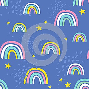 Colorful seamless pattern with rainbow, stars. Decorative cute background, funny sky