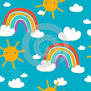 Colorful seamless pattern with rainbow, sun, clouds. Decorative cute background, funny sky