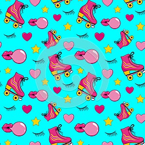 Colorful seamless pattern, retro roller skates, lips. Vintage style 80s and 90s photo