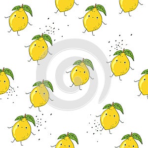 Colorful seamless pattern with ripe lemons, leaves. Decorative funny background with citrus fruits