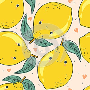 Colorful seamless pattern with ripe lemons, leaves, hearts. Decorative cute background, funny citrus fruits