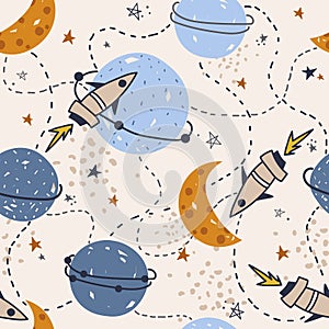 Colorful seamless pattern with rockets, stars, planets, constellations. Decorative background, outer space. Cosmos