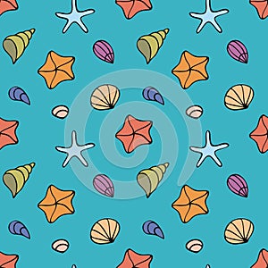 Colorful seamless pattern with sea creatures in doodle style