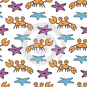 Colorful seamless pattern with sea creatures in doodle style