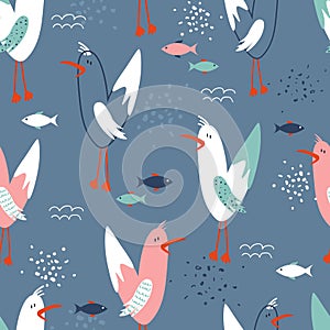 Colorful seamless pattern with seagulls, fishes. Decorative cute background, funny birds