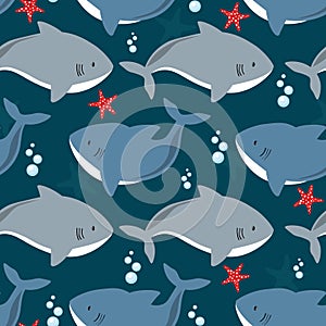 Colorful seamless pattern with sharks, sea stars. Decorative cute background with fishes. Marine illustration