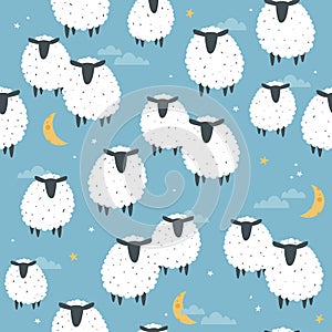 Colorful seamless pattern with sheeps, moon, stars. Decorative cute background with animals, night sky