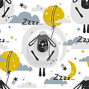 Colorful seamless pattern with sleeping sheeps, moon, stars. Decorative cute background with animals