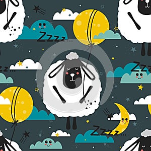 Colorful seamless pattern with sleeping sheeps, moon, stars. Decorative cute background with funny animals, night sky