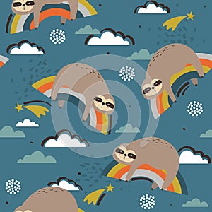 Colorful seamless pattern with sloths, stars, rainbow and clouds. Decorative cute background with funny animals, sky