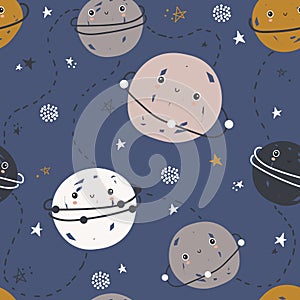 Colorful seamless pattern with stars, planets, constellations. Decorative background, outer space. Cosmos