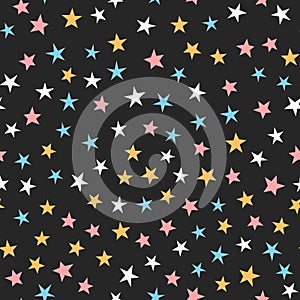 Colorful seamless pattern with stars. White, blue, pink, orange, black color.