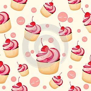 Colorful seamless pattern with tasty chocolate cupcake and pink double cream and maraschino cherry in cartoon style