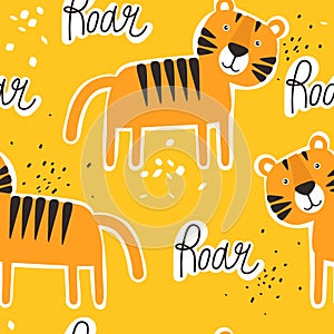 Colorful seamless pattern with tigers. Decorative cute background, funny wild animals, roar