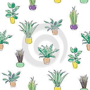 Colorful seamless pattern of trendy stylish houseplants. Plants in pots for interior home or office. Cartoon flat vector