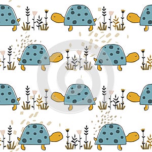 Colorful seamless pattern with turtles, plants. Decorative cute background, funny reptiles. Tortoise