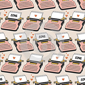Colorful seamless pattern with typewriters, sheets of paper, hearts, english text. Decorative romantic background. I love you