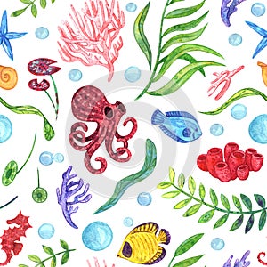 Colorful seamless pattern of under water life with fish, green and blue seaweed, leaves, pink, orange, purple corals, sea horses
