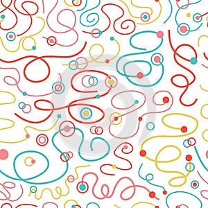 Colorful seamless pattern with wavy lines and dots, circles. White background.