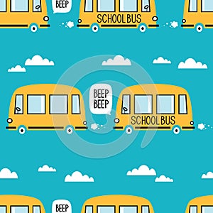 Colorful seamless pattern with yellow school buses. Decorative cute background, funny transport, sky