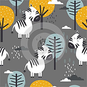 Colorful seamless pattern, zebras and trees. Decorative cute background with animals, forest