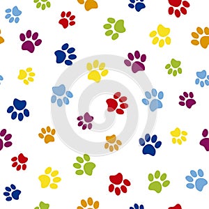 Colorful seamless pet paw pattern. Cat or dog footprint on white background.