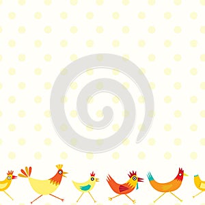 Colorful seamless repeat pattern of yellow and orange chickens with yellow polka dots on a white background.