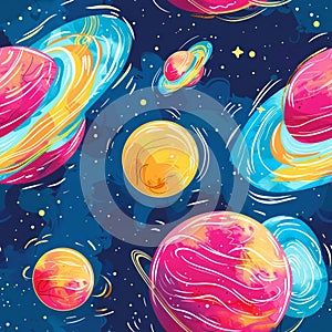 Colorful Seamless Space Pattern with Whimsical Planets for Children\'s Illustrations and Playful Design Projects