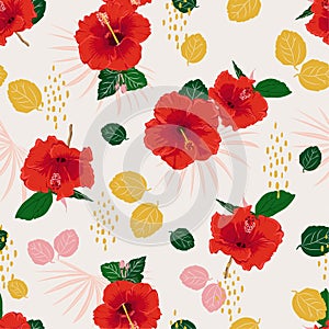 Colorful seamless vector red hibiscus exotic floral pattern, spring summer background with tropical flowers, palm leaves,