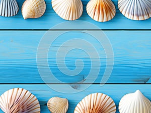 colorful seashells on a blue wooden background