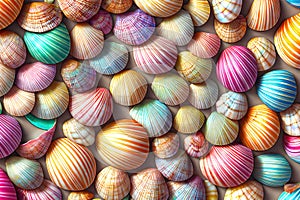 Colorful seashells pattern background, multicolored beautiful shells as wallpaper. Generative Ai