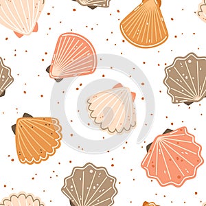 Colorful seashells on a white background. Vector Seamless pattern