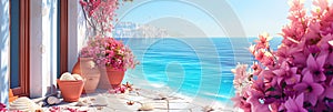 Colorful seaside terrace with blooming flowers overlooking blue ocean under clear sky banner. Panoramic web header. Wide