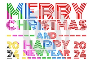 Colorful Season greeting text, merry Christmas and happy new year 2024 isolated white background